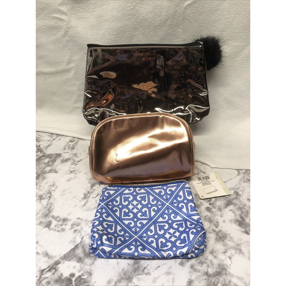 Lot of 3 Cosmetic Pouches Makeup Bags Blue Rose Gold Black Travel Organizers